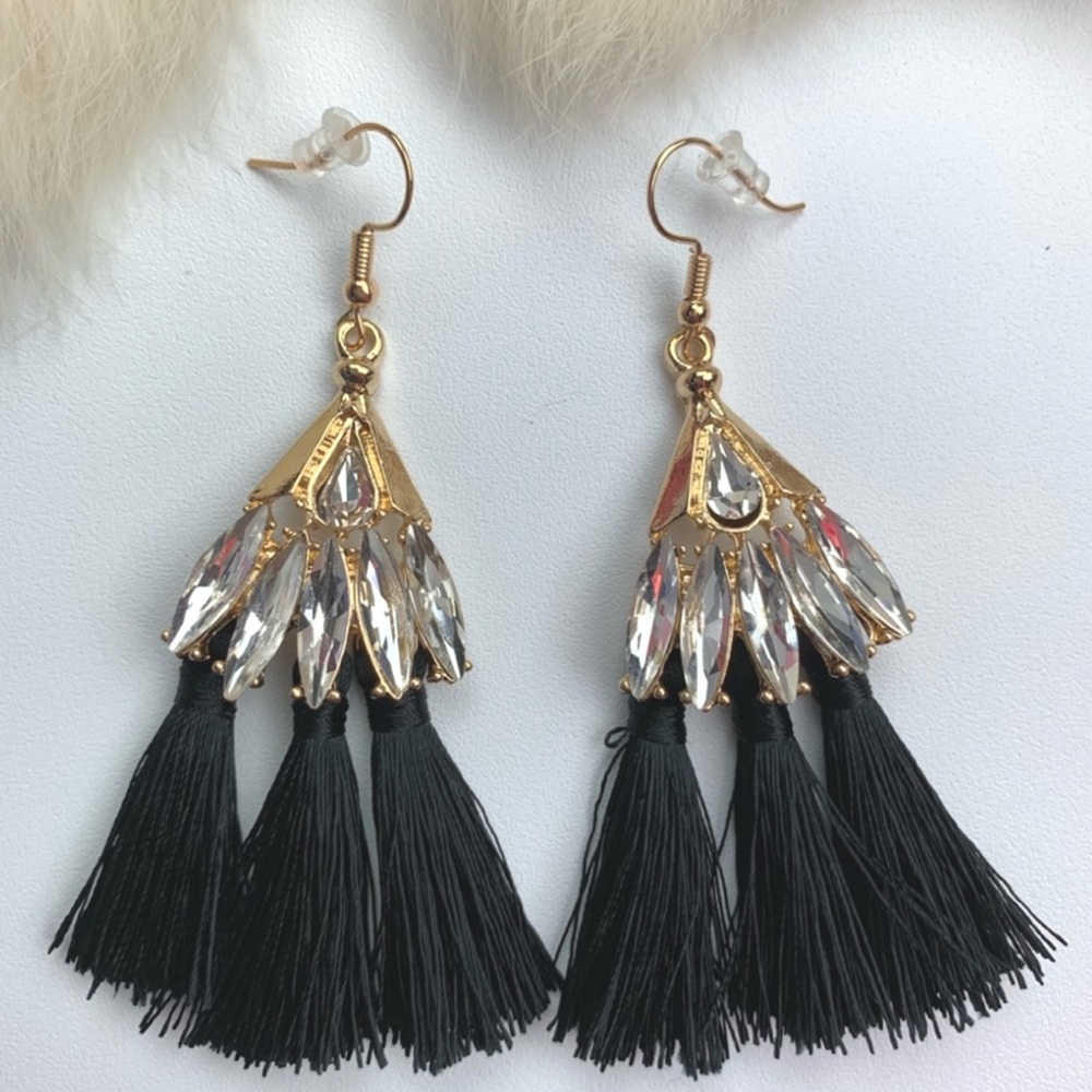 BLACK CRYSTAL TASSEL EARRINGS - Picture 3 of 5